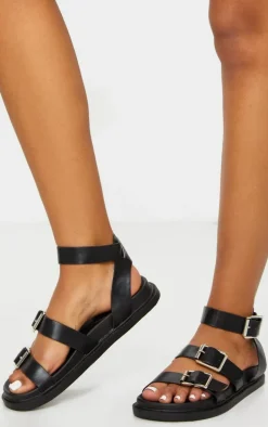 Black PU Square Buckle Detail Sandals