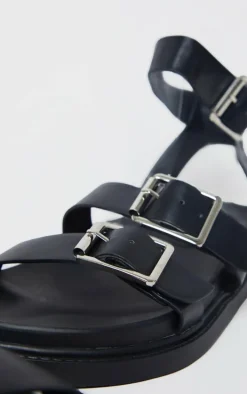 Black PU Square Buckle Detail Sandals