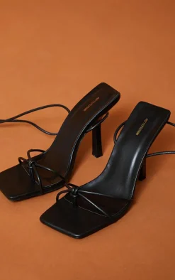 Black PU Square Knot Detail Toe Thong Lace Up High Heeled Sandals