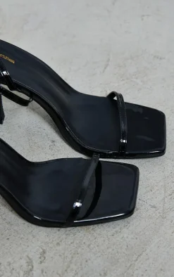 Black PU Square Toe Barely There Mid Heeled Sandals