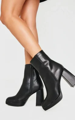 Black PU Square Toe Block Heeled Ankle Boots
