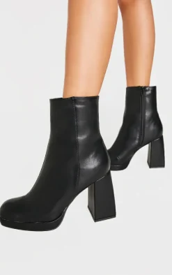 Black PU Square Toe Block Heeled Ankle Boots