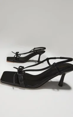 Black PU Square Toe Bow Sling Back Mid Heeled Sandals