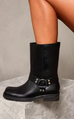 Black PU Square Toe Buckle Detail Ankle Boots