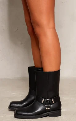 Black PU Square Toe Buckle Detail Ankle Boots