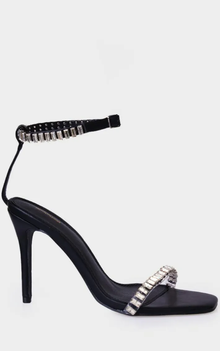 Black Pu Square Toe Diamante Strap High Heeled Sandals