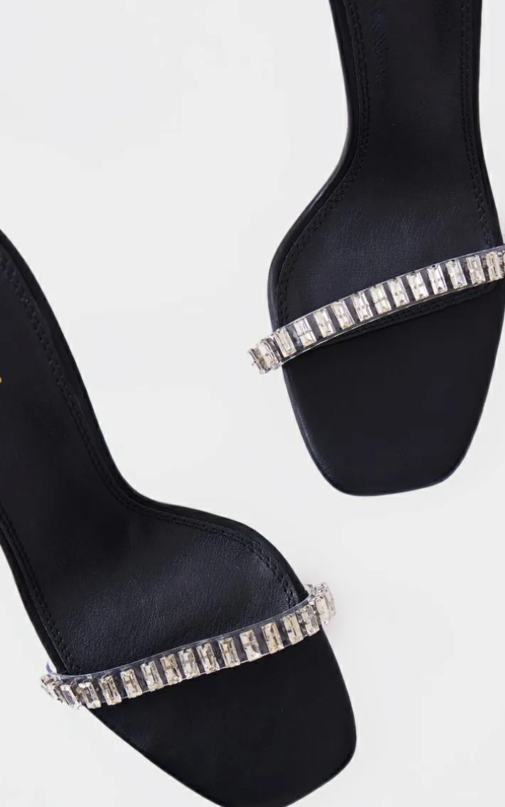 Black Pu Square Toe Diamante Strap High Heeled Sandals