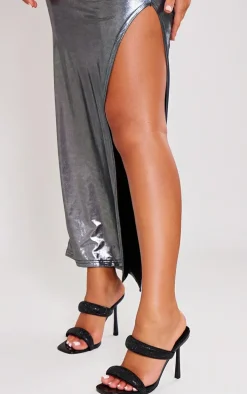 Black Pu Square Toe Diamante Padded Strap Heeled Mules