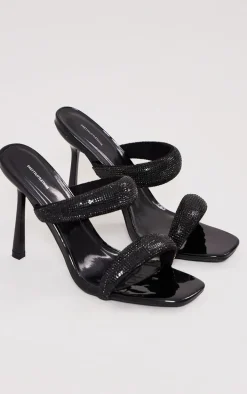 Black Pu Square Toe Diamante Padded Strap Heeled Mules
