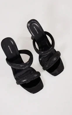 Black Pu Square Toe Diamante Padded Strap Heeled Mules