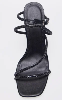 Black PU Square Toe Diamante Asymmetric Strap High Heels