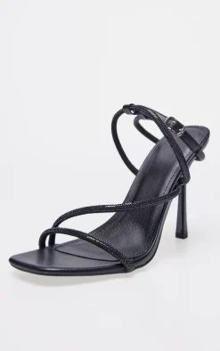 Black PU Square Toe Diamante Asymmetric Strap High Heels