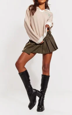 Black PU Square Toe Knee High Block Heel Platform Boots