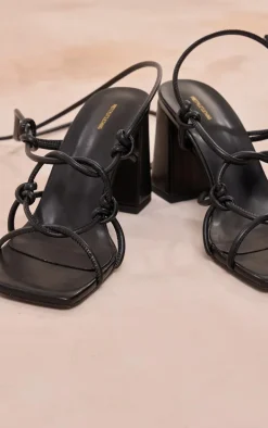 Black PU Square Toe Knotted Strappy Block Heeled Lace Up Sandals