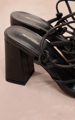 Black PU Square Toe Knotted Strappy Block Heeled Lace Up Sandals