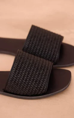 Black PU Square Toe Raffia Strap Flat Sandals