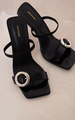 Black Pu Square Toe Round Buckle High Heeled Mules