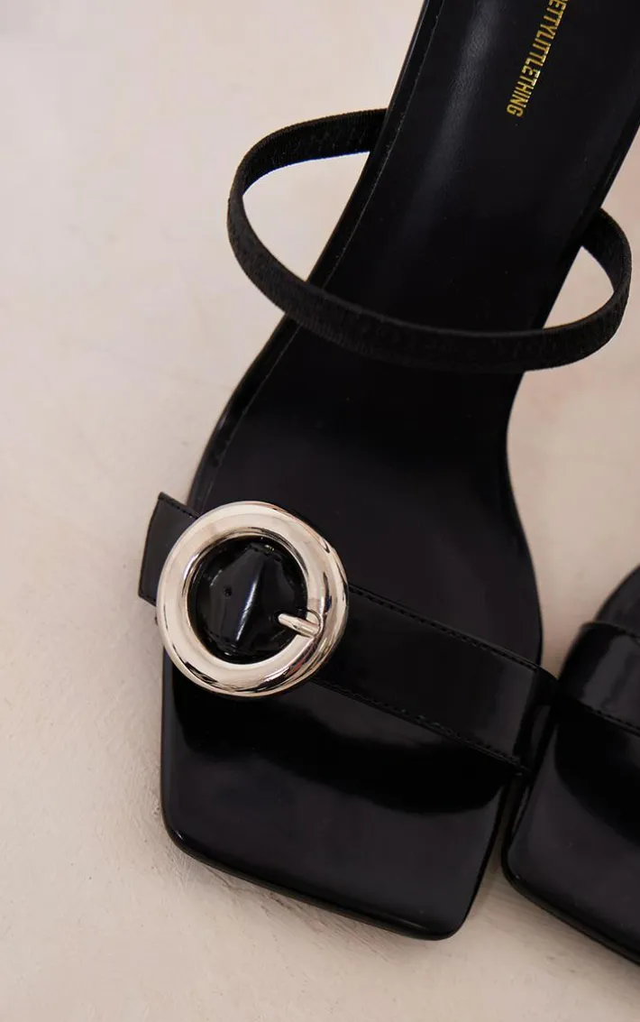 Black Pu Square Toe Round Buckle High Heeled Mules