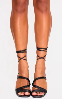 Black Pu Square Toe Strappy Lace Up Block Heeled Sandals