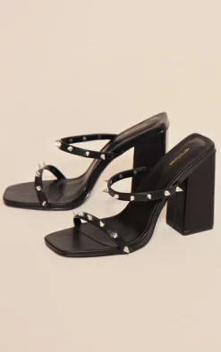 Black Pu Square Toe Studded Double Strap Heeled Mules