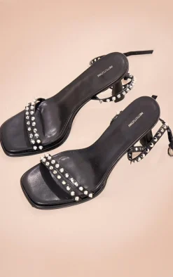 Black Pu Square Toe Studded Strappy High Heeled Sandals