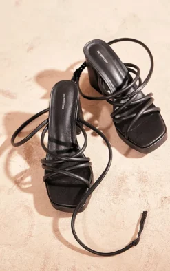 Black PU Square Toe Tube Strap Platform Block Heeled Sandals