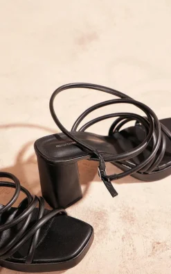 Black PU Square Toe Tube Strap Platform Block Heeled Sandals