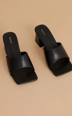 Black PU Strap Detail Low Heeled Mules