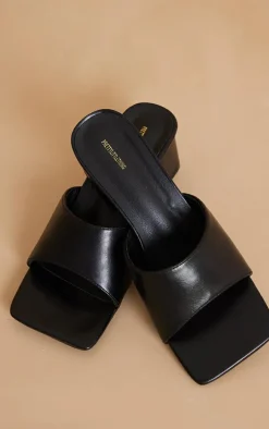 Black PU Strap Detail Low Heeled Mules