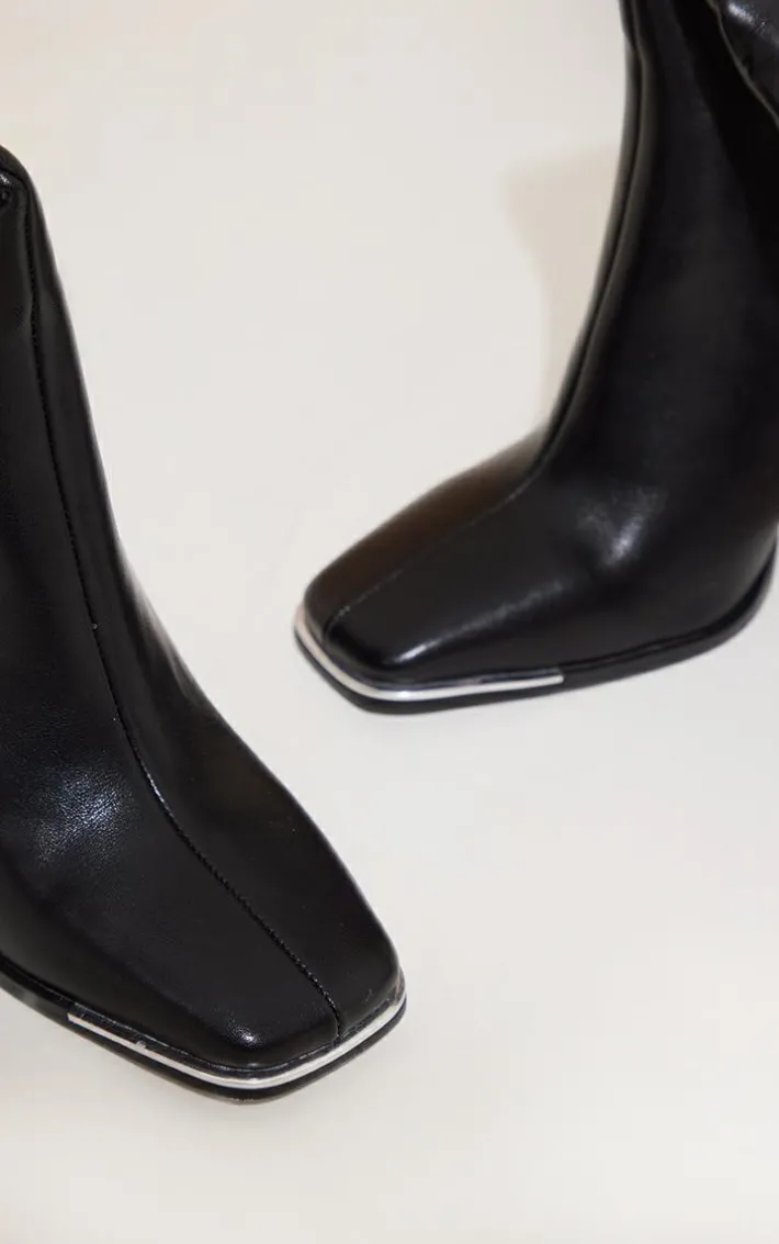 Black PU Toe Cap Flare Heeled Knee Boots