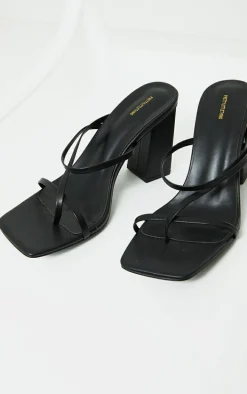 Black PU Toe Loop Strappy Block Heeled Mules