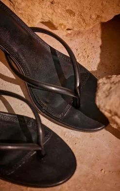 Black Pu Toe Thong Heeled Mules