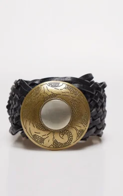 Black Pu Weave Jewel Buckle Belt