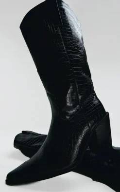 Black PU Wide Fit Croc Point Toe Knee High Western Boots