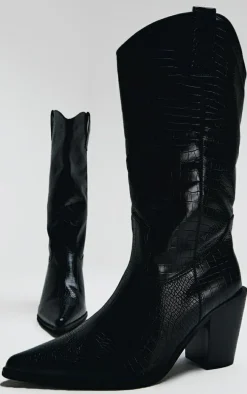 Black PU Wide Fit Croc Point Toe Knee High Western Boots