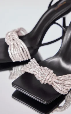 Black PU Wide Fit Square Toe Diamante Knot Barely There Heeled Sandals