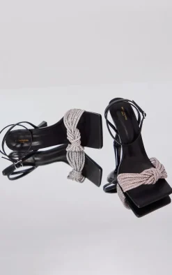 Black PU Wide Fit Square Toe Diamante Knot Barely There Heeled Sandals