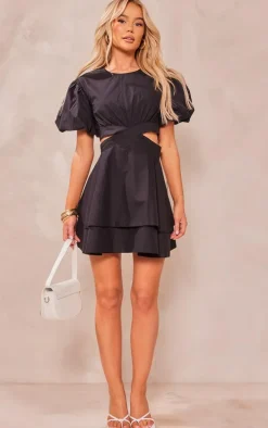 Black Puff Sleeve Cut Out Shift Dress