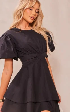 Black Puff Sleeve Cut Out Shift Dress