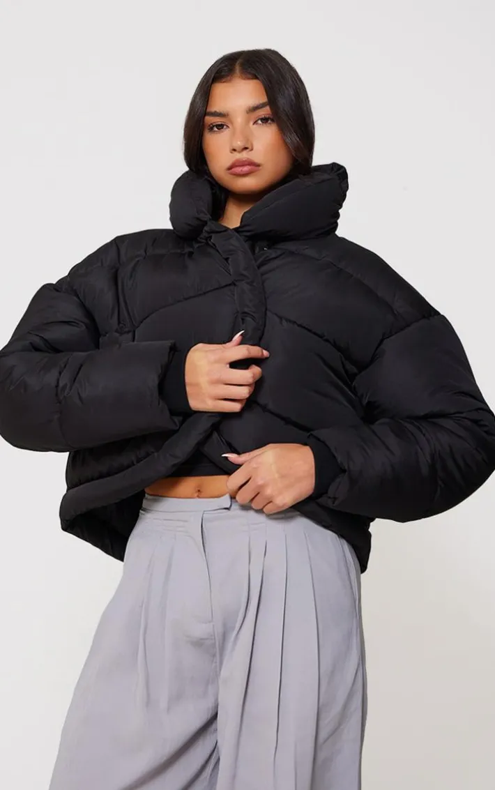 Black Quilted Asymmetric High Neck Puffer Jacket