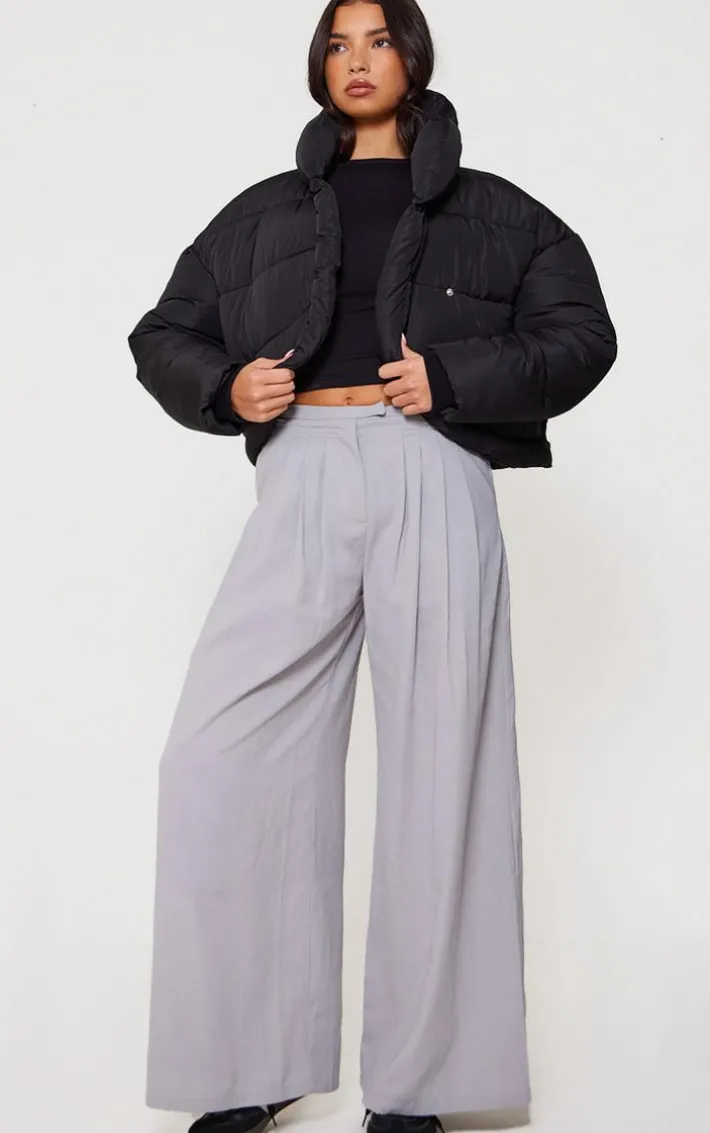 Black Quilted Asymmetric High Neck Puffer Jacket