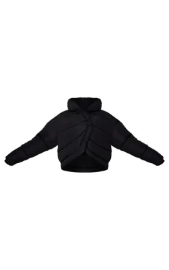 Black Quilted Asymmetric High Neck Puffer Jacket