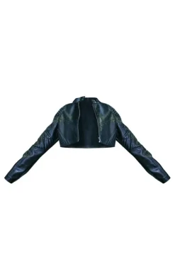 Black Quilted Detail Super Cropped Faux Leather Jacket