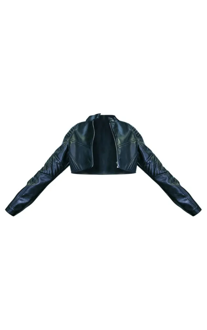 Black Quilted Detail Super Cropped Faux Leather Jacket