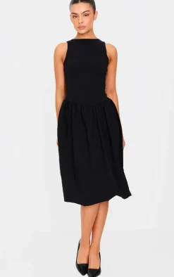 Black Racer Drop Waist Puffball Midi Dress