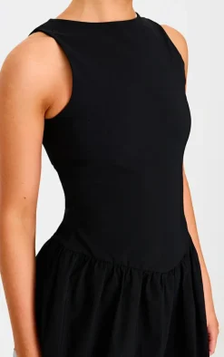Black Racer Drop Waist Puffball Midi Dress