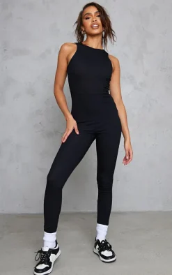 Black Racer Rib Jumpsuit