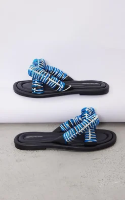 Black Real Leather Round Toe Padded Contrast Strap Pearl Detail Sandals