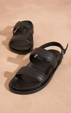 Black Real Leather Round Toe Strap Flatbed Sandals