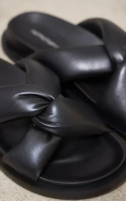 Black Real Leather Round Toe Strap Over Quilted Strap Footbed Sandals